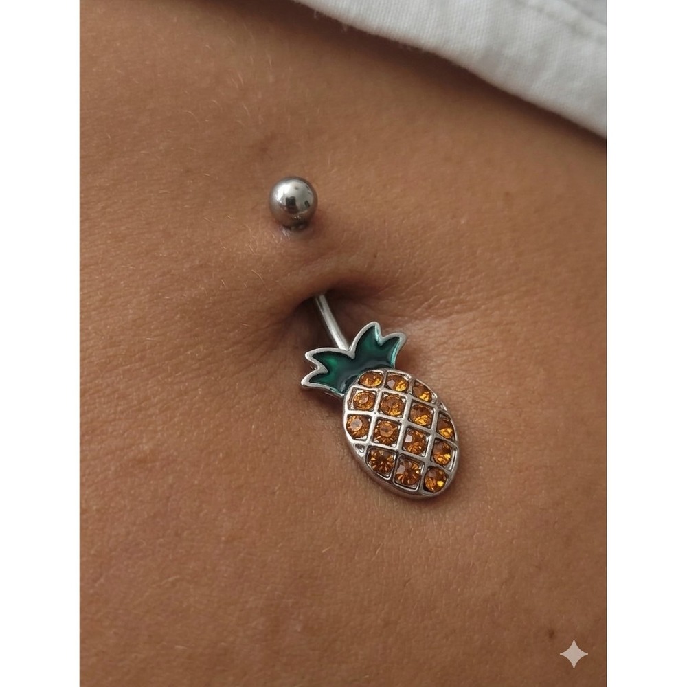 Pineapple Belly Button Ring Silver Tone Amber Crystal Tropical Summer Jewelry